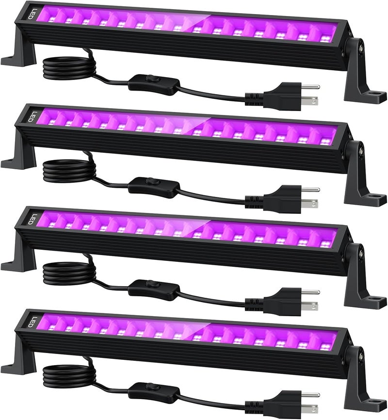 lamvip Store شريط ضوء أسود LED بقوة 38 واط، أشرطة ضوء أسود مع قابس ومفتاح تضيء منطقة 22x22 قدم لحفلات التألق وحفلات الهالوين وزينة غرف النوم وإضاءة المسرح - 4 قطع - Image 1